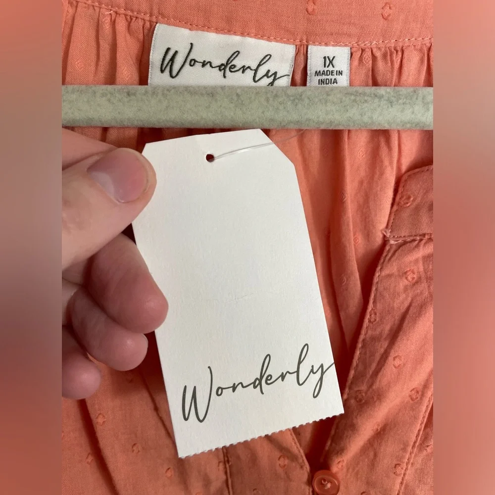 NWT Wonderly Rally June Button-Down 100% Cotton Short Sleeve Top in Peach Sz 1x